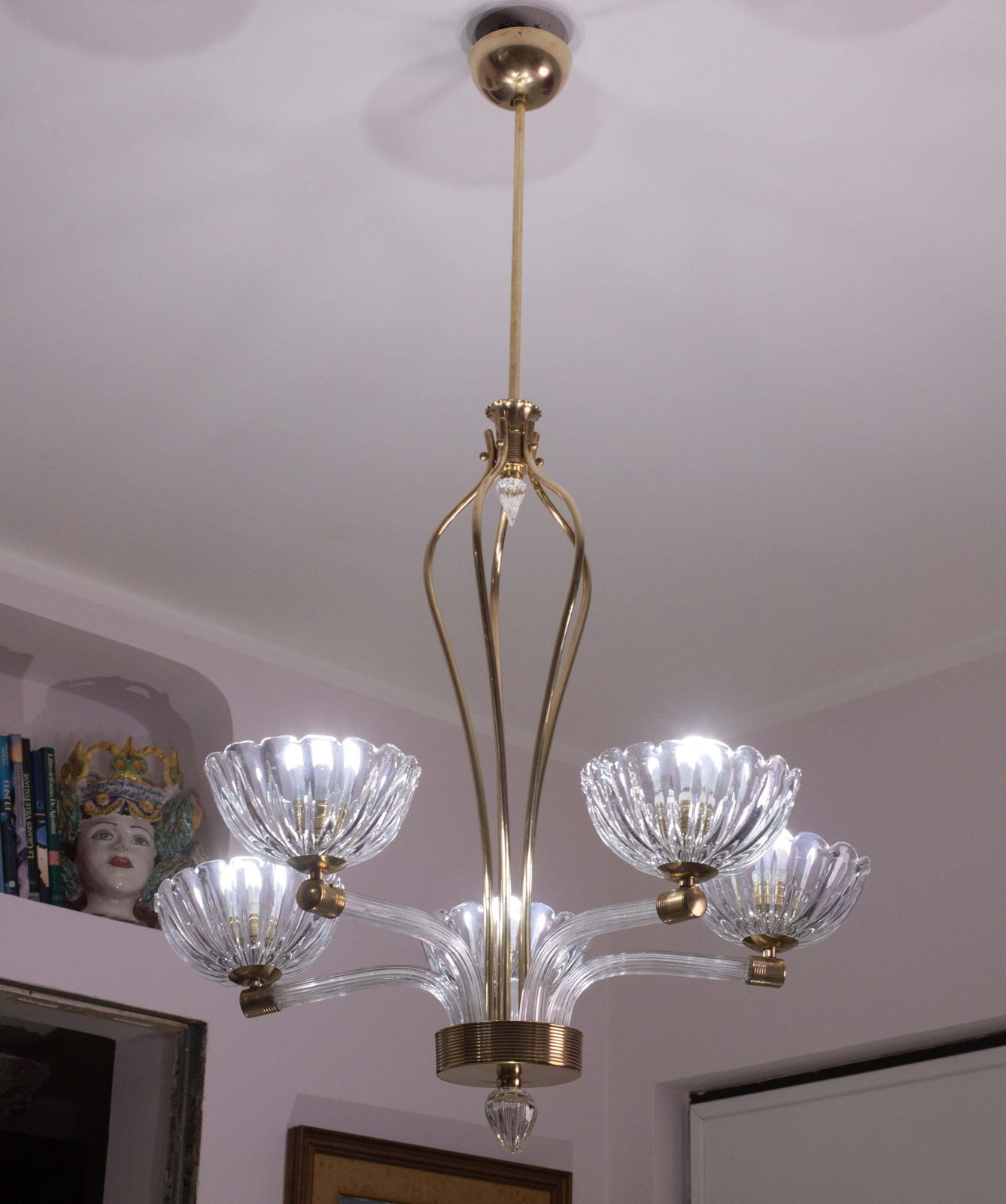 photo vintage Extraordinary 5 Light Art Deco Murano Glass And Brass Chandelier By Barovier