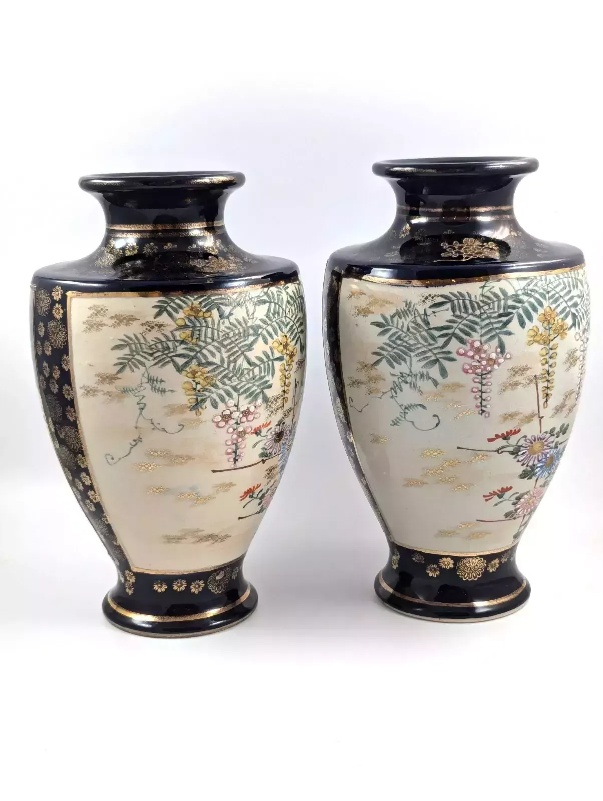 Antique Hand Painted Pair Of Satsuma Vases, Japan, Meiji Period photo for sale