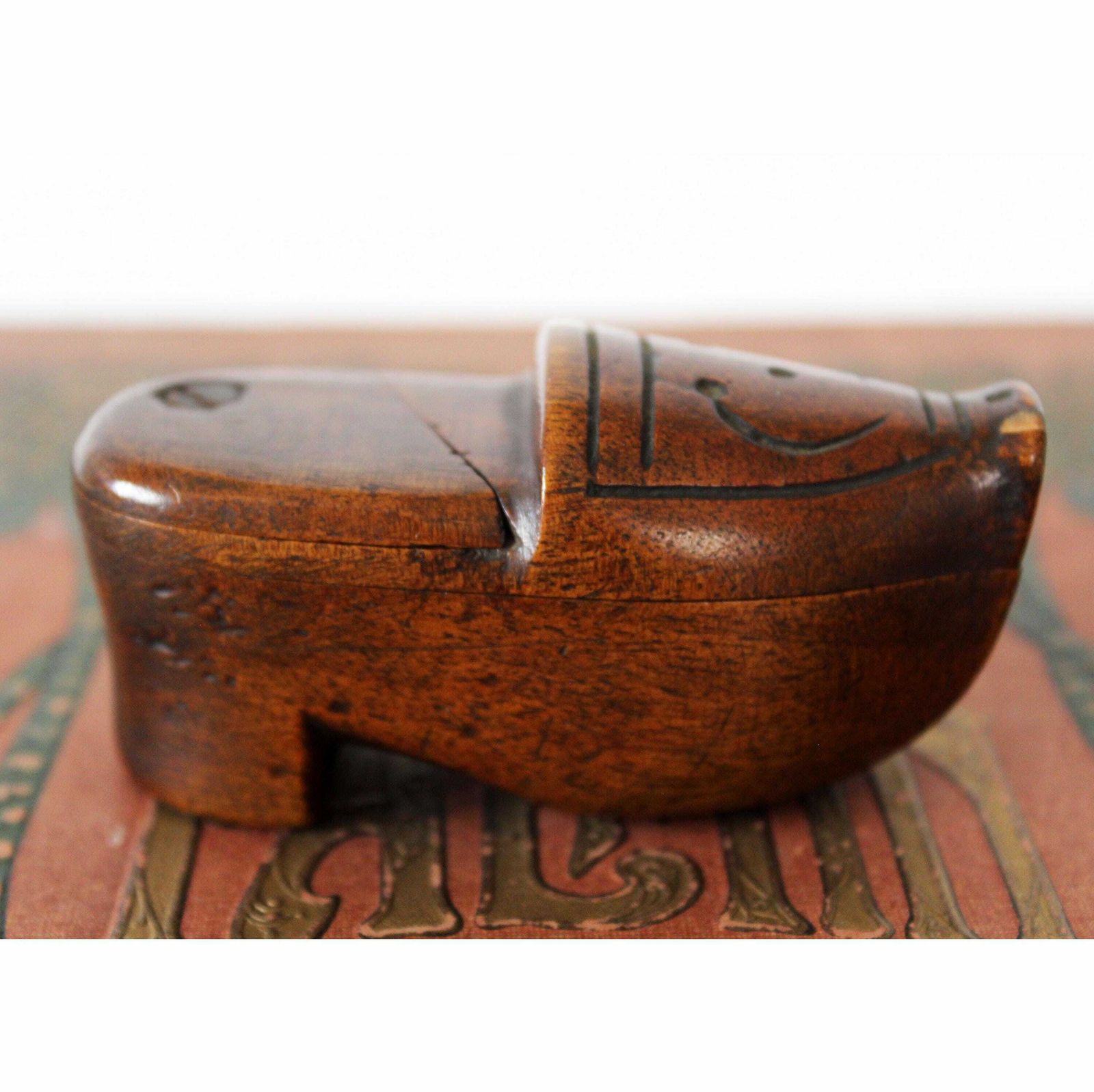 Antique French Or Belgium Small Wood Shoe Snuff Box, Carved Clog, Folk Art, Treen Box, 19th Century, Hinged Box, Little Box, Puzzle Box