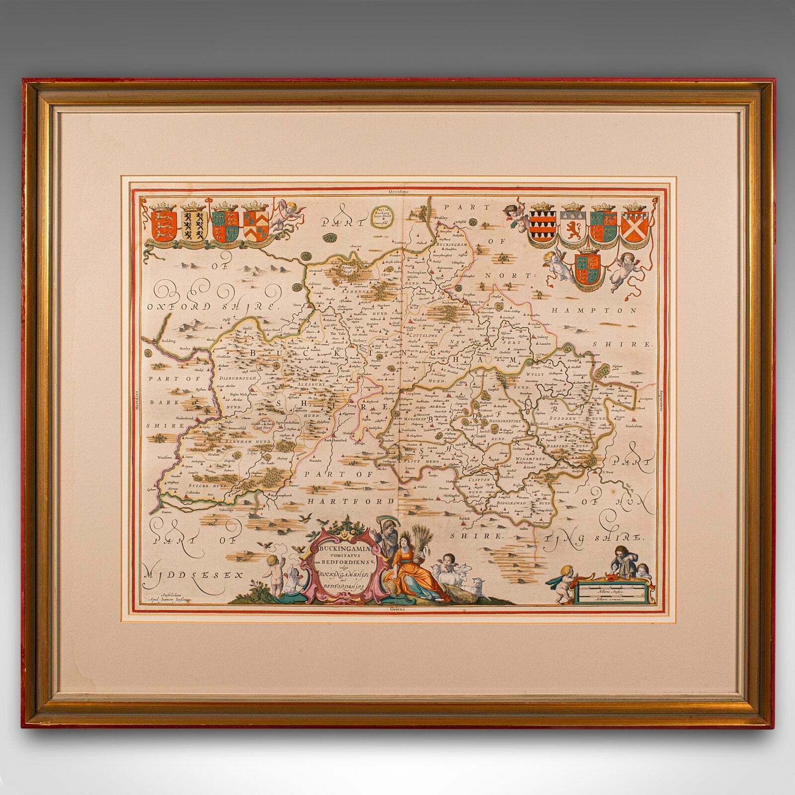 Antique County Map, Buckinghamshire, Bedfordshire, Dutch, Framed, Janssonius photo furniture