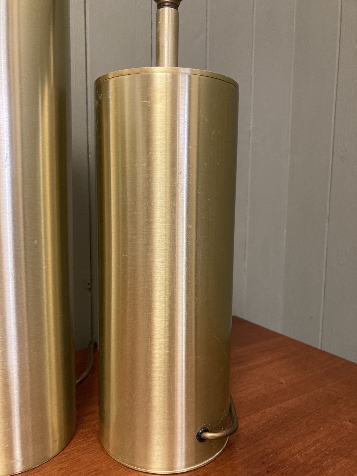 photo for sale Pair Of Swedish Style Brass Metal Mid Century Table Lamps