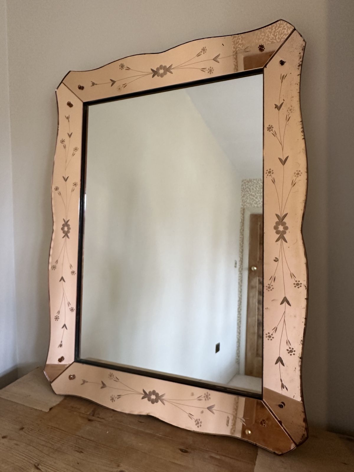 1950's Italian Pink Glass Bevelled Venetian Crystal Art Mirror photo for sale