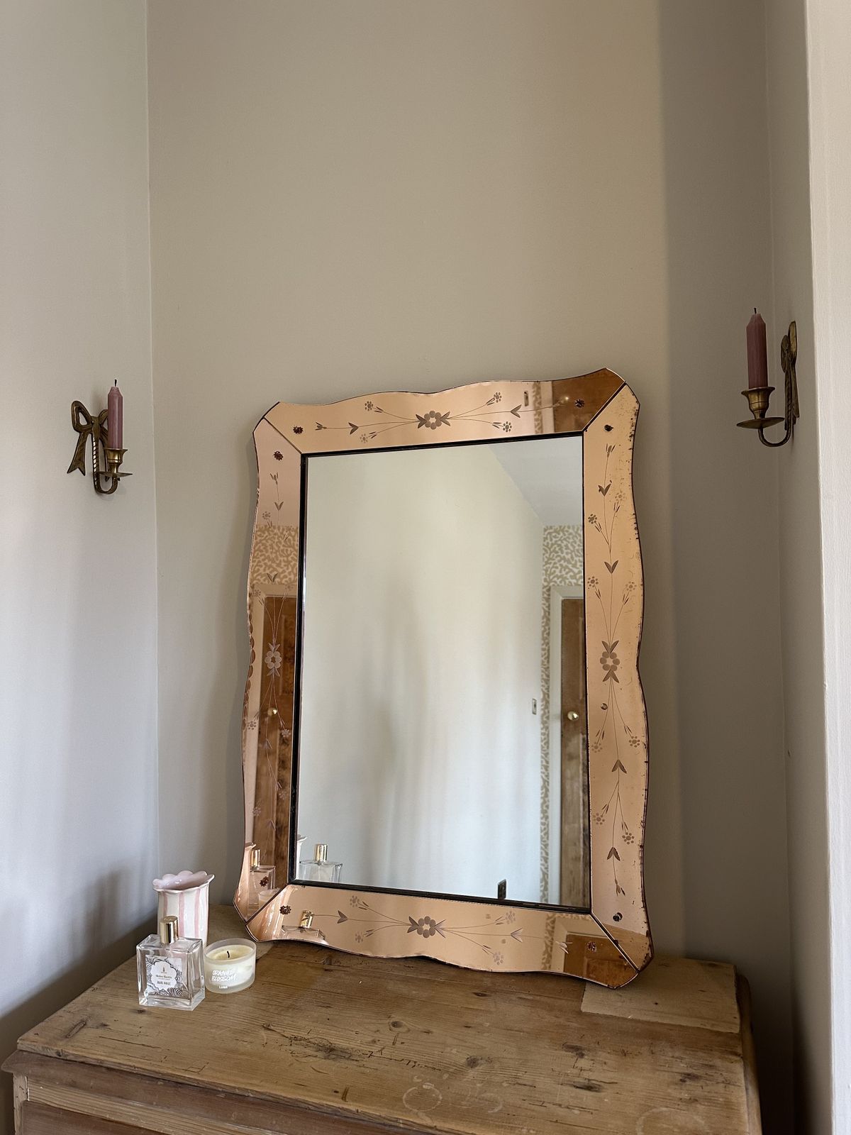 1950's Italian Pink Glass Bevelled Venetian Crystal Art Mirror photo 360.0