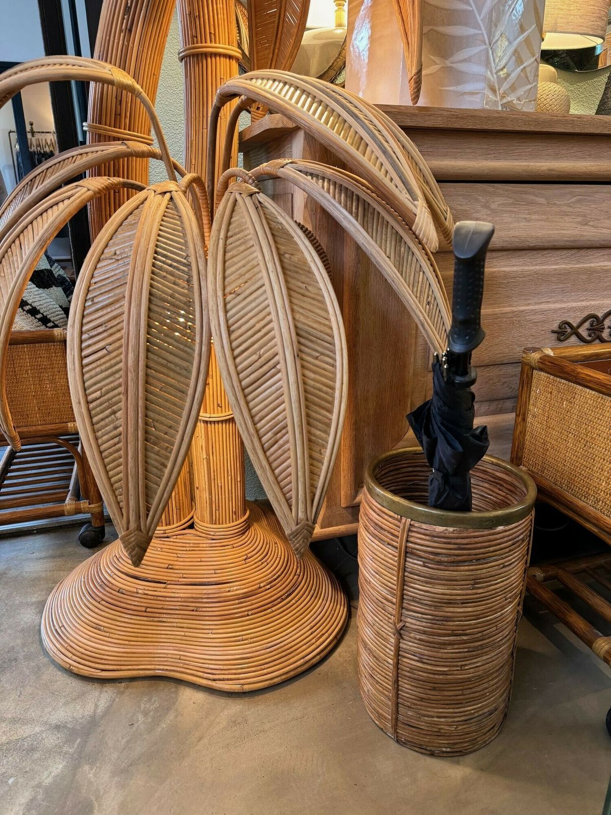A Gabriella Crespi Style 1970s Italian Woven Pencil Reed Bamboo And Brass Umbrella Stand photo furniture