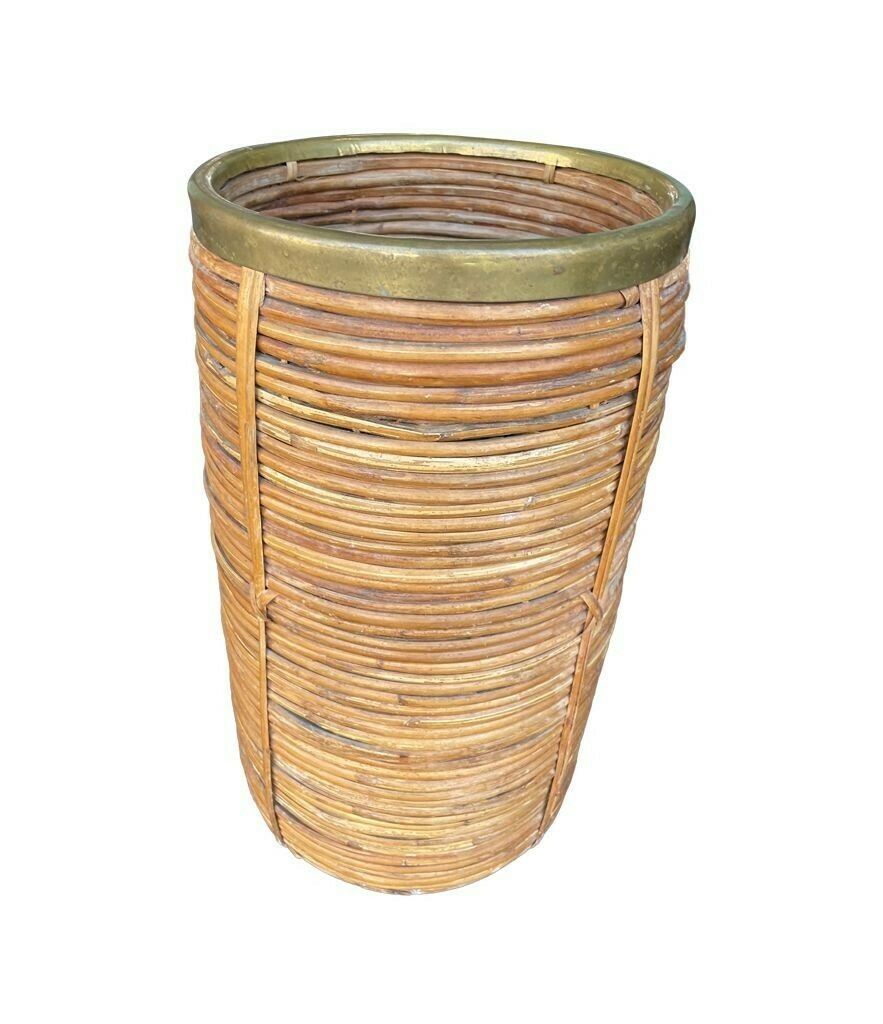 A Gabriella Crespi Style 1970s Italian Woven Pencil Reed Bamboo And Brass Umbrella Stand photo 575.0