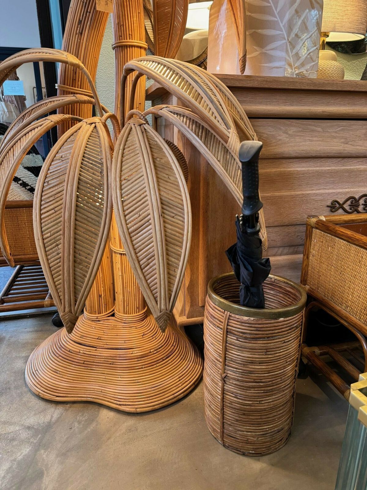 A Gabriella Crespi Style 1970s Italian Woven Pencil Reed Bamboo And Brass Umbrella Stand photo buy