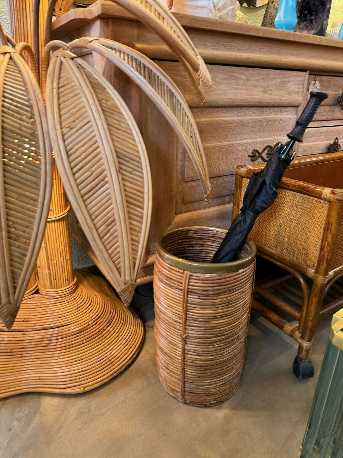 photo furniture A Gabriella Crespi Style 1970s Italian Woven Pencil Reed Bamboo And Brass Umbrella Stand