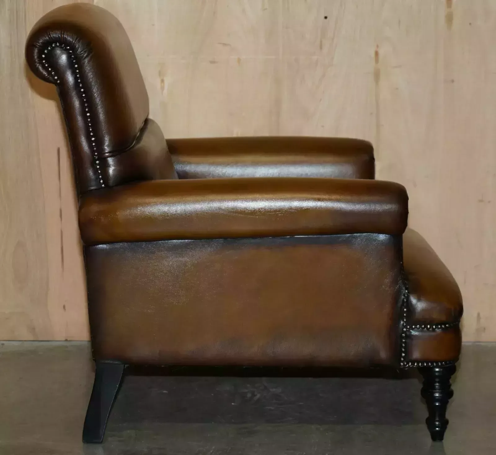 5000.0 Comfortable Pair Of Rolled Back Restored Cigar Brown Leather Club Armchairs photo