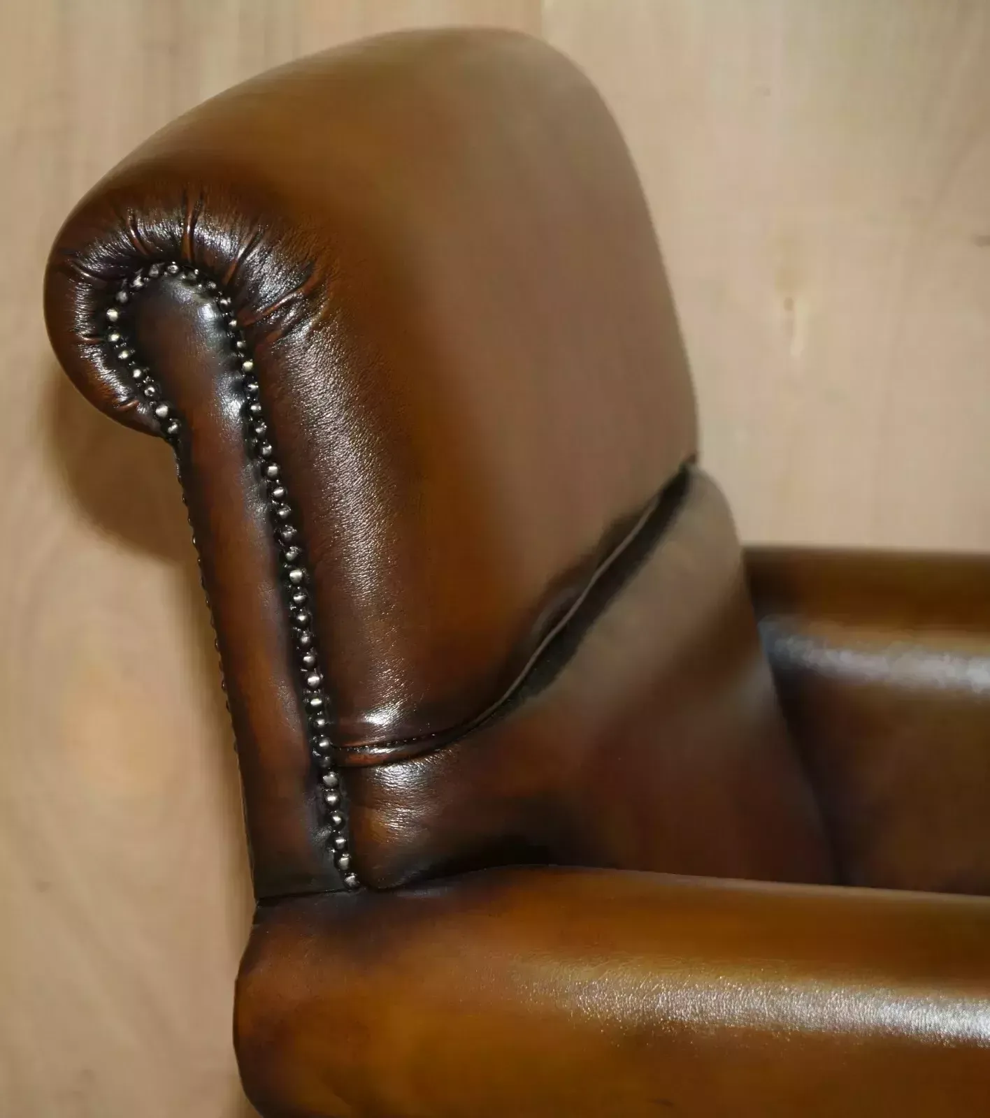photo vinterior Comfortable Pair Of Rolled Back Restored Cigar Brown Leather Club Armchairs