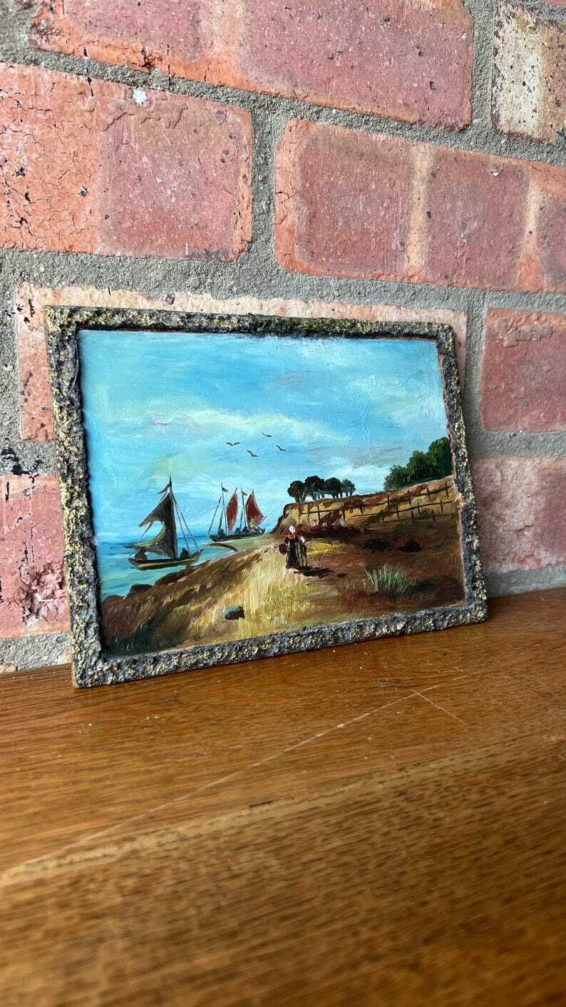 Mid Century Miniature Oil Painting Depicting A Sea Shore