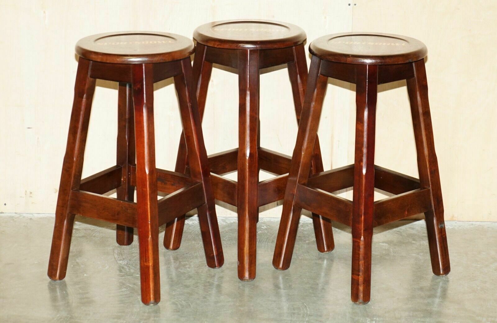 Three Original American Sports Bowl Kitchen Bar Pub Stools In Mahogany photo furniture