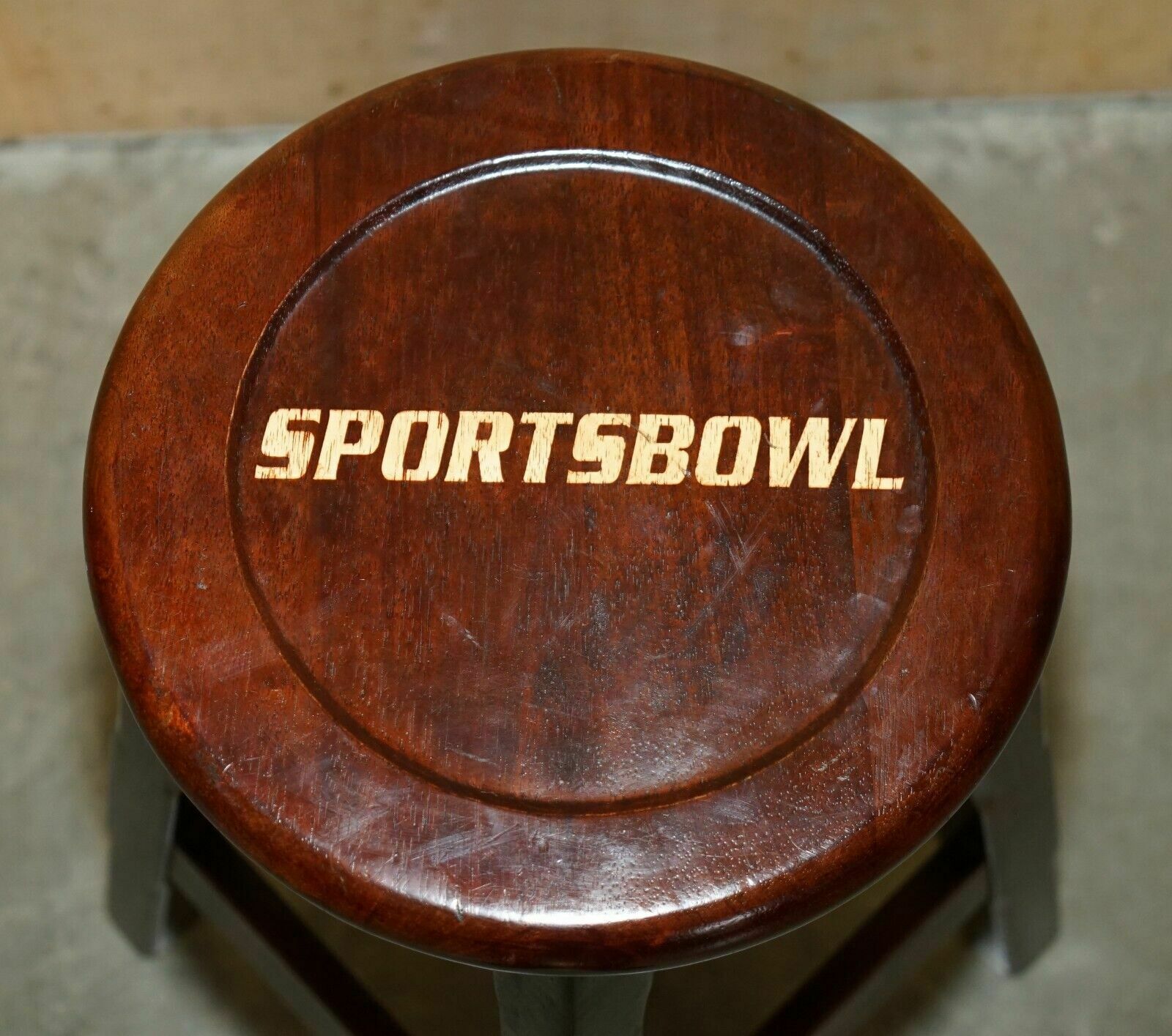 Furniture Three Original American Sports Bowl Kitchen Bar Pub Stools In Mahogany photo