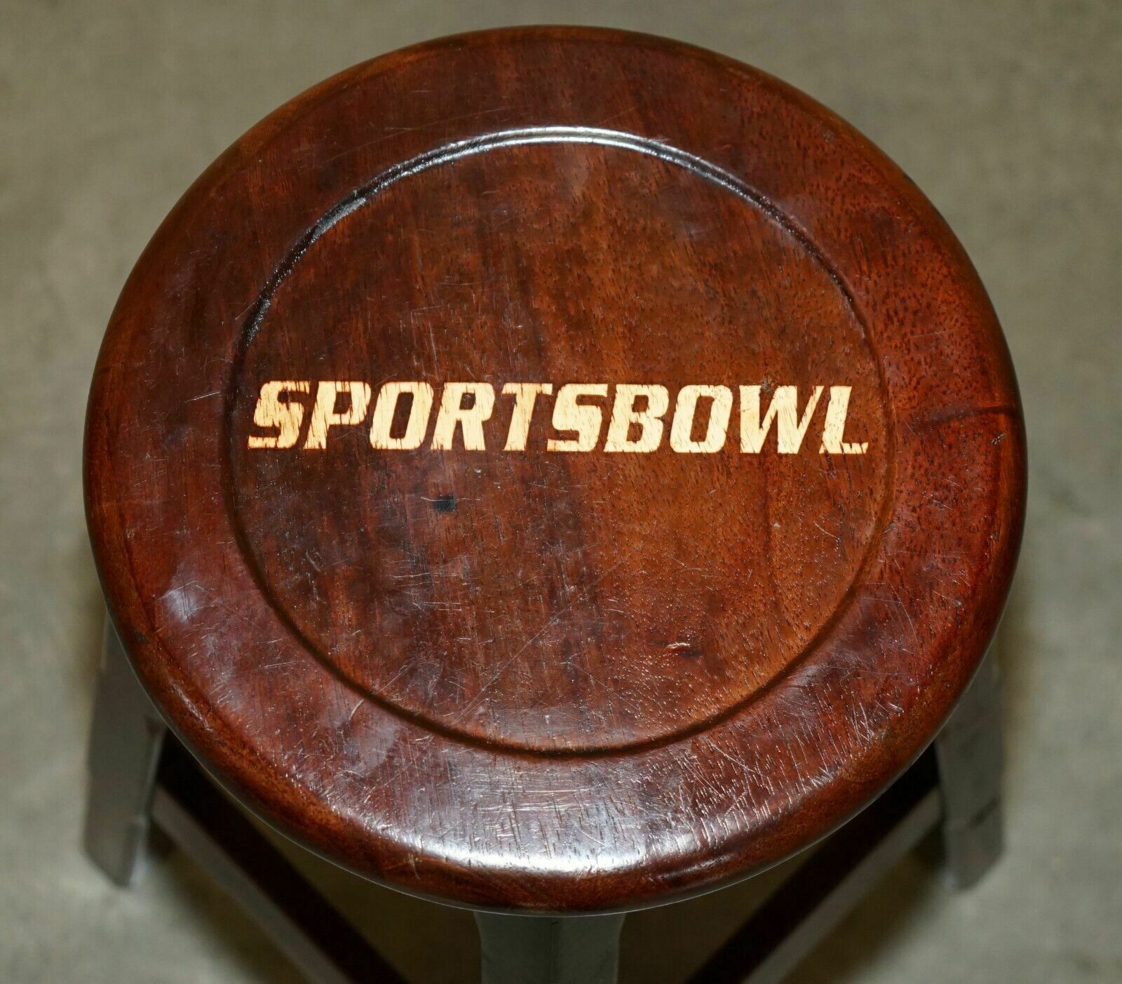 photo vinterior Three Original American Sports Bowl Kitchen Bar Pub Stools In Mahogany