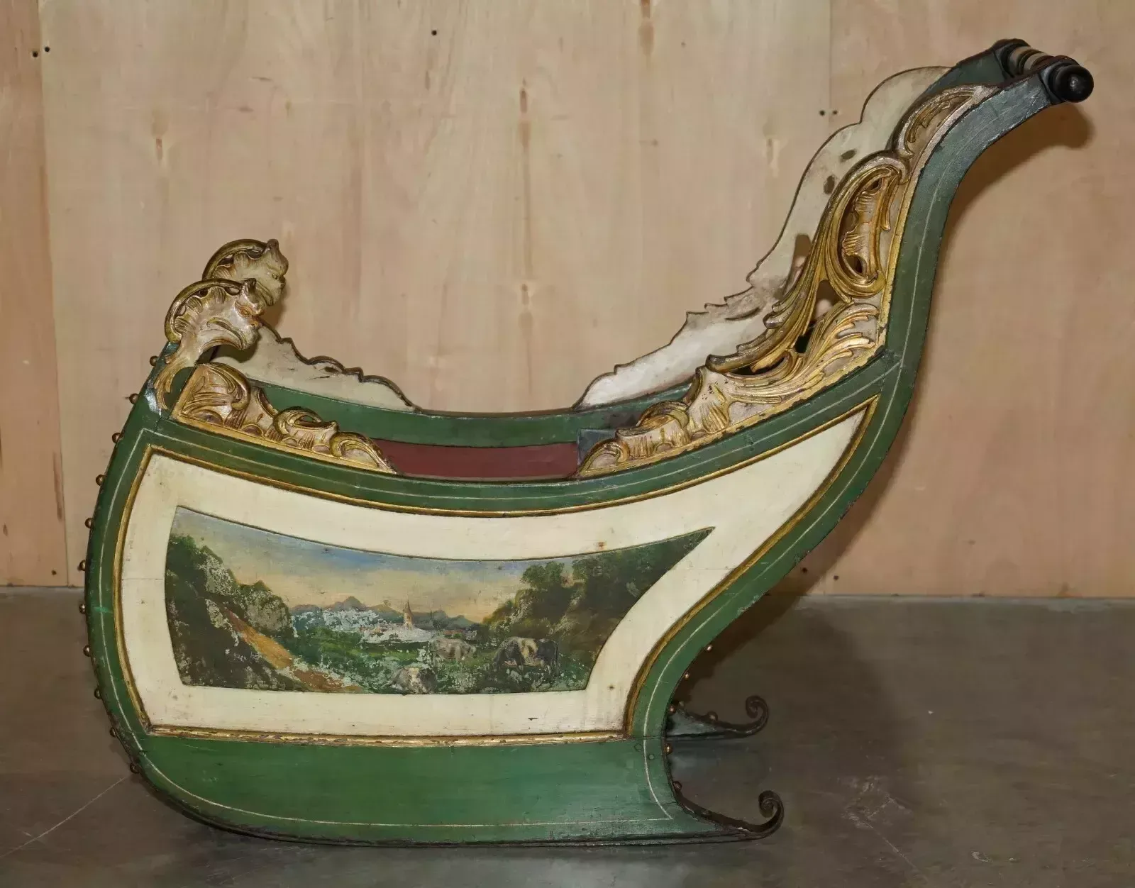 Original Antique Dutch Hand Painted & Parcel Gilt Children's Sleigh Zinc Lined photo buy