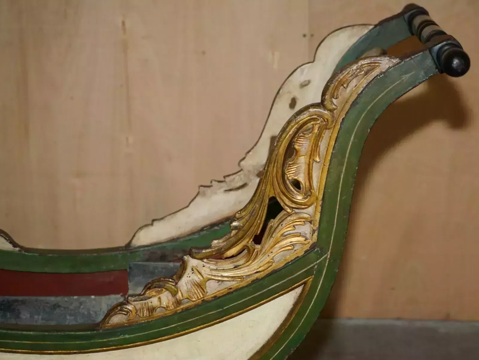 photo furniture Original Antique Dutch Hand Painted & Parcel Gilt Children's Sleigh Zinc Lined