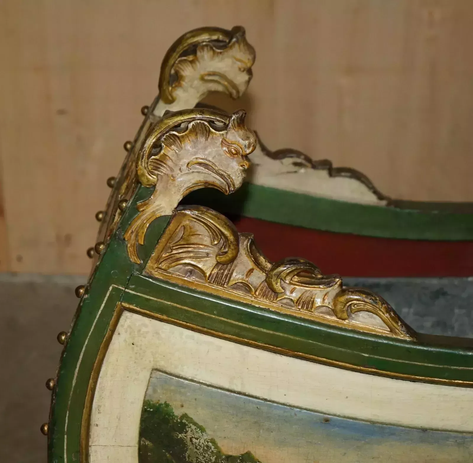 photo for sale Original Antique Dutch Hand Painted & Parcel Gilt Children's Sleigh Zinc Lined