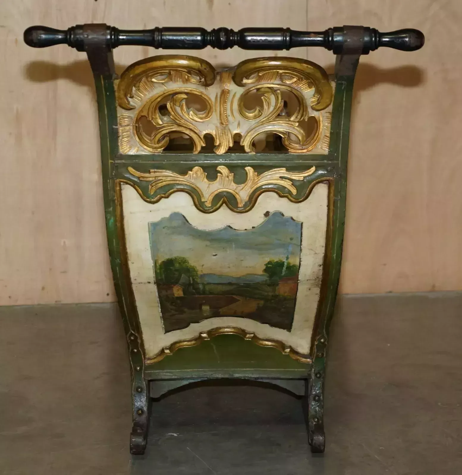 Furniture Original Antique Dutch Hand Painted & Parcel Gilt Children's Sleigh Zinc Lined photo