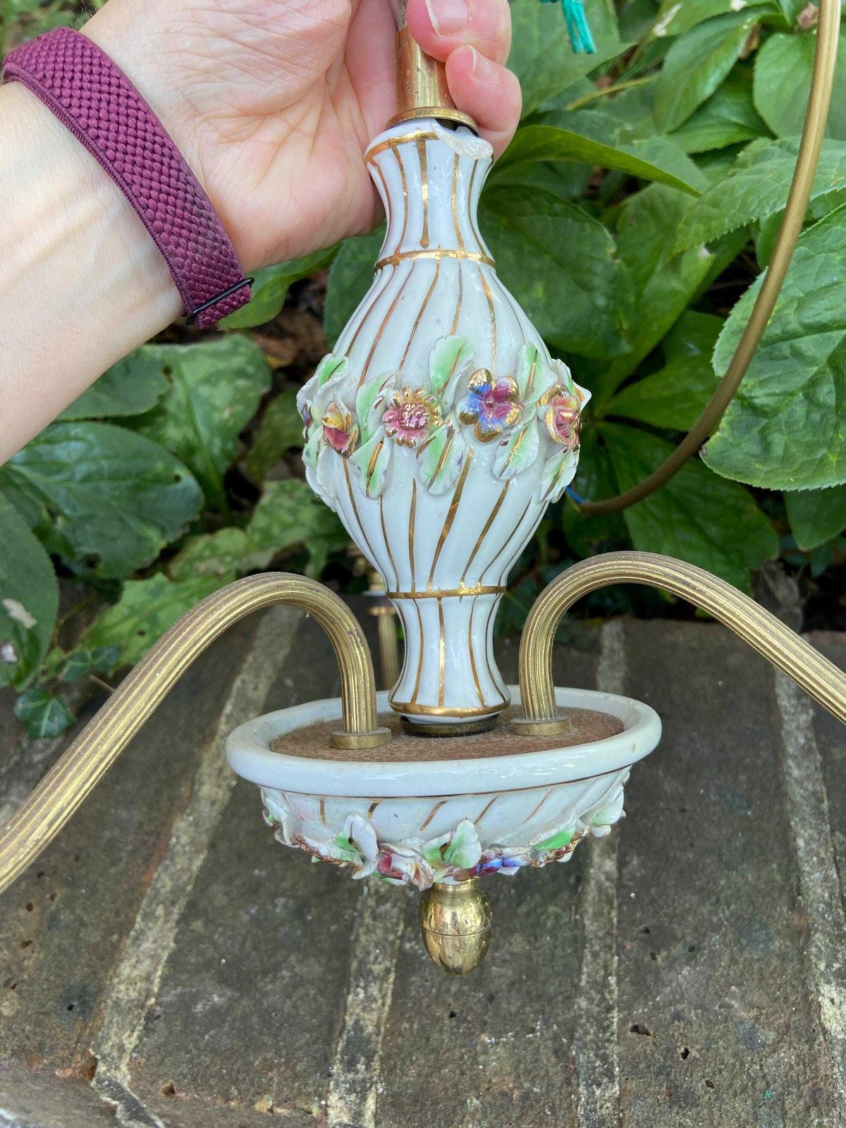 Mid 20th Century Pretty Porcelain Floral And Brass Three Armed Ceiling Light   Ready To Wire photo for sale