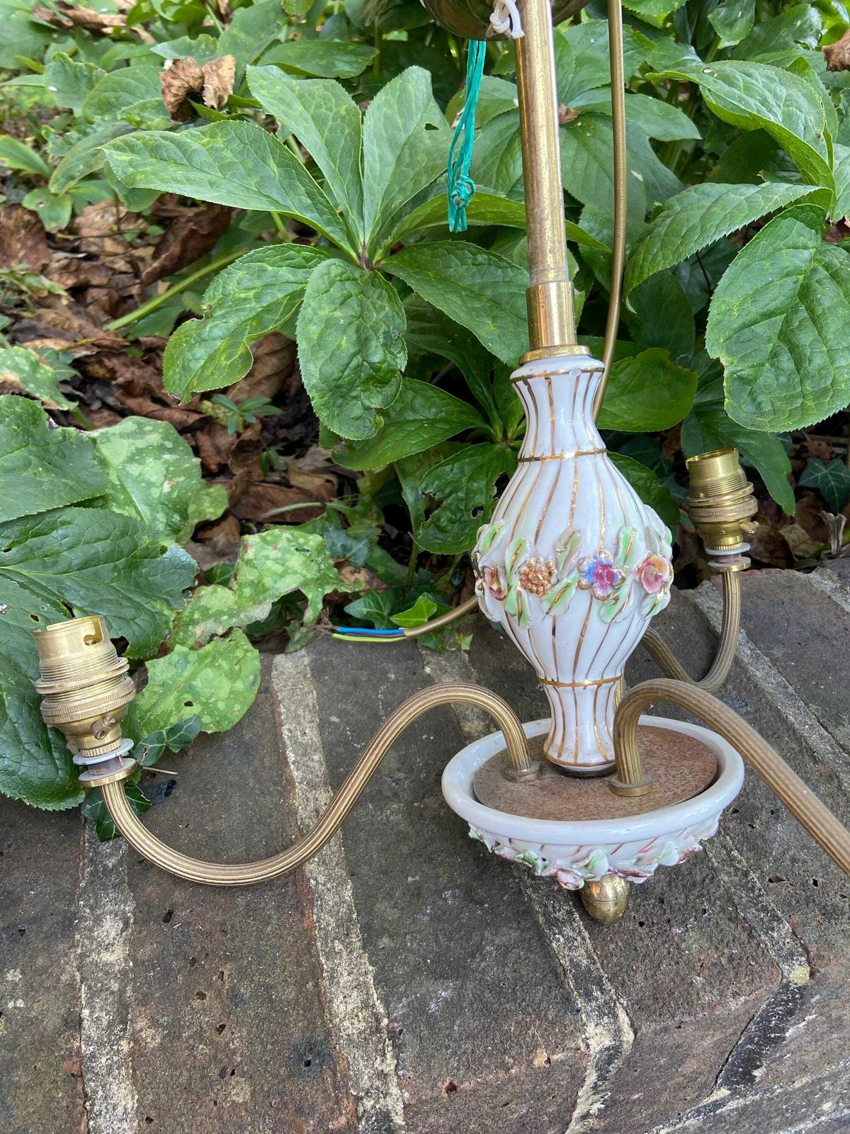 Mid 20th Century Pretty Porcelain Floral And Brass Three Armed Ceiling Light   Ready To Wire photo buy