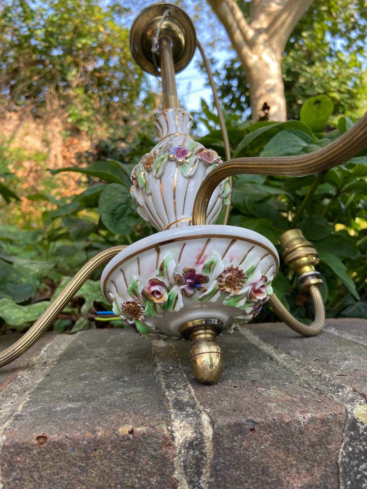 Mid 20th Century Pretty Porcelain Floral And Brass Three Armed Ceiling Light   Ready To Wire photo vintage