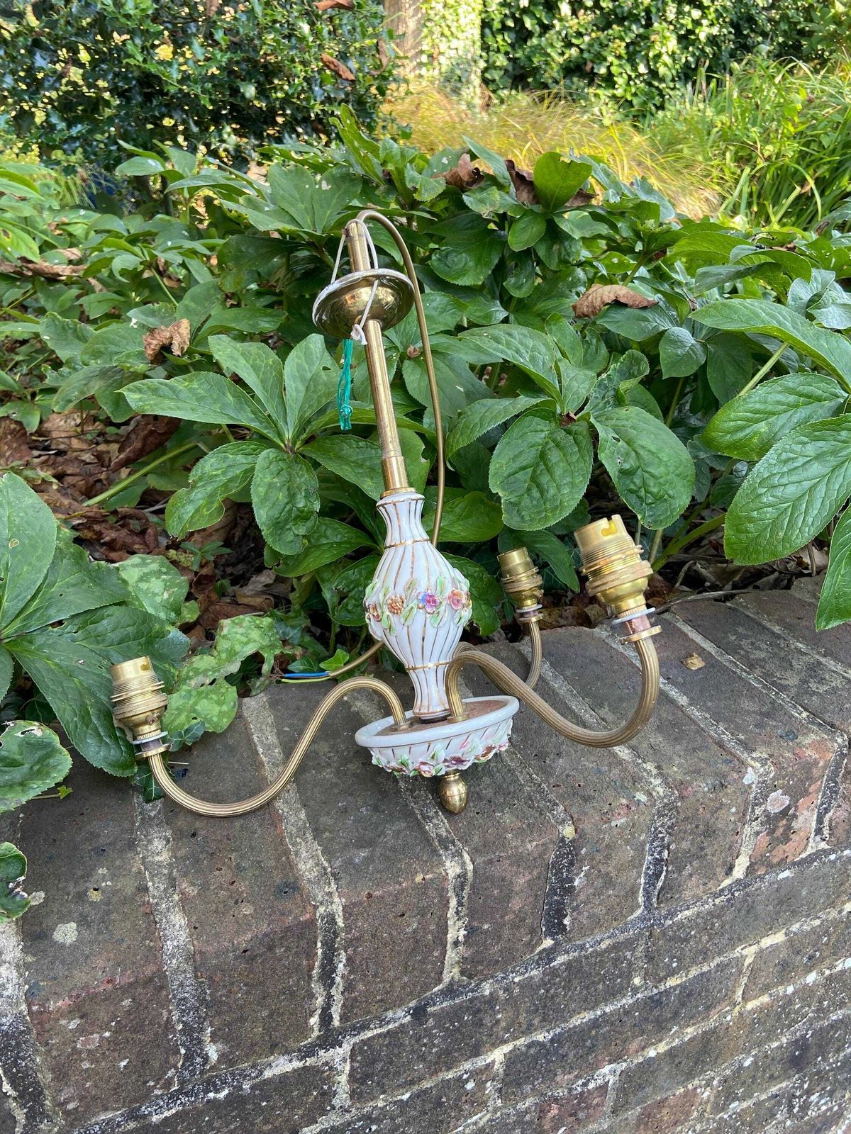 photo furniture Mid 20th Century Pretty Porcelain Floral And Brass Three Armed Ceiling Light   Ready To Wire