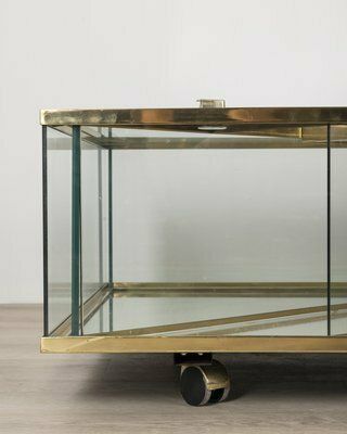 photo for sale Vintage Italian Table In Golden Brass And Crystal, 1960s