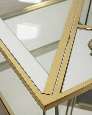 Furniture Vintage Italian Table In Golden Brass And Crystal, 1960s photo