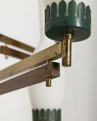 Vintage Italian Ceiling Light In Brass, Green Metal And Glass, 1950s photo vinterior
