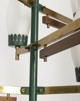 Vintage Italian Ceiling Light In Brass, Green Metal And Glass, 1950s photo buy