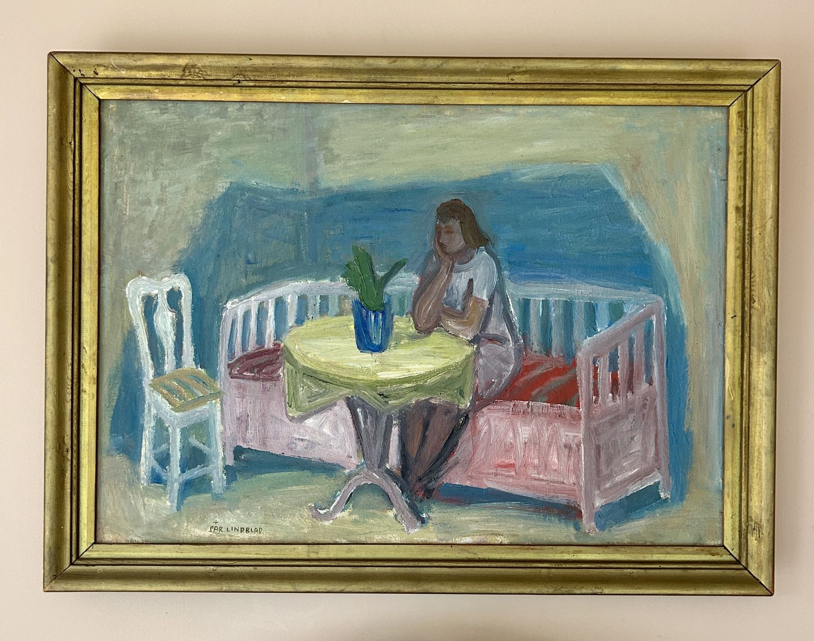 Par Lindblad, Swedish Artist, Framed Oil On Canvas On Board, Lady In Thought. Signed