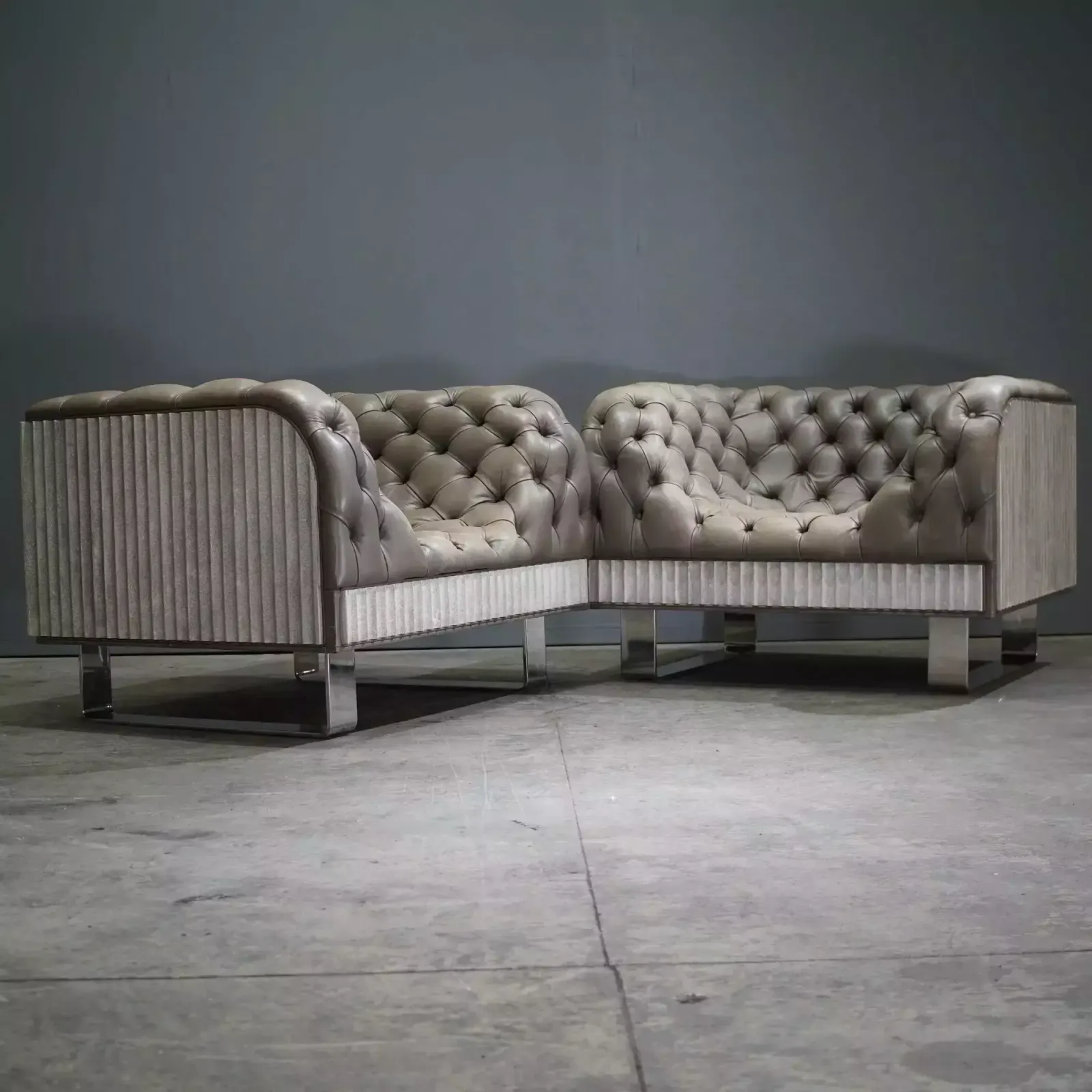 Bespoke Concrete Armchair In Pewter Grey Napa Leather With Soft Chesterfield Detailing photo vinterior