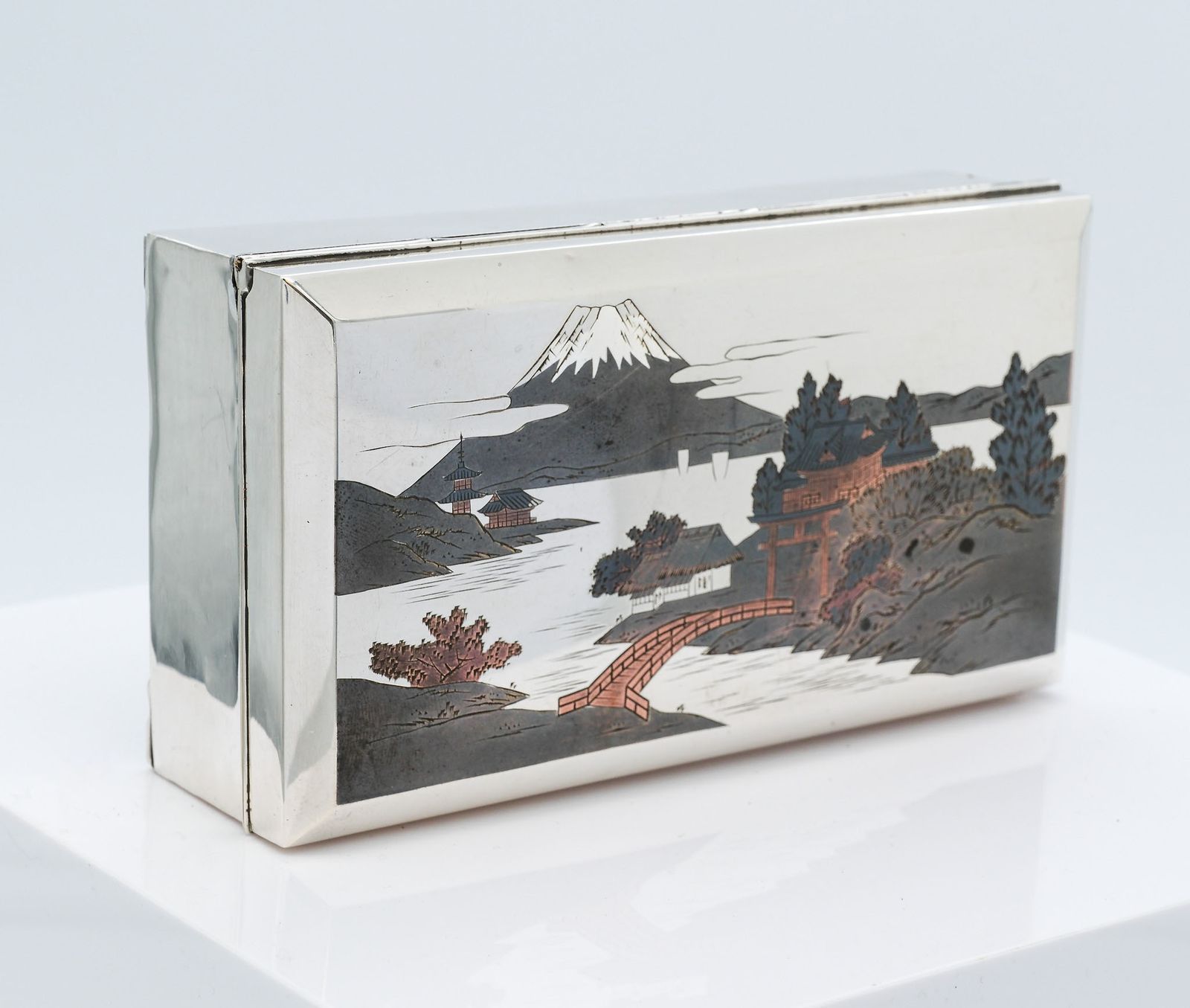 Japanese Silver Box With Niello Inlaid  Panel Lined In Rosewood  Circa 1950 photo vintage