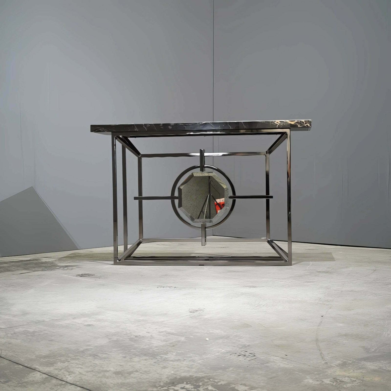 Bespoke Arabescato Corchia Black Marble Top Console Table With Plated Steel Base photo furniture