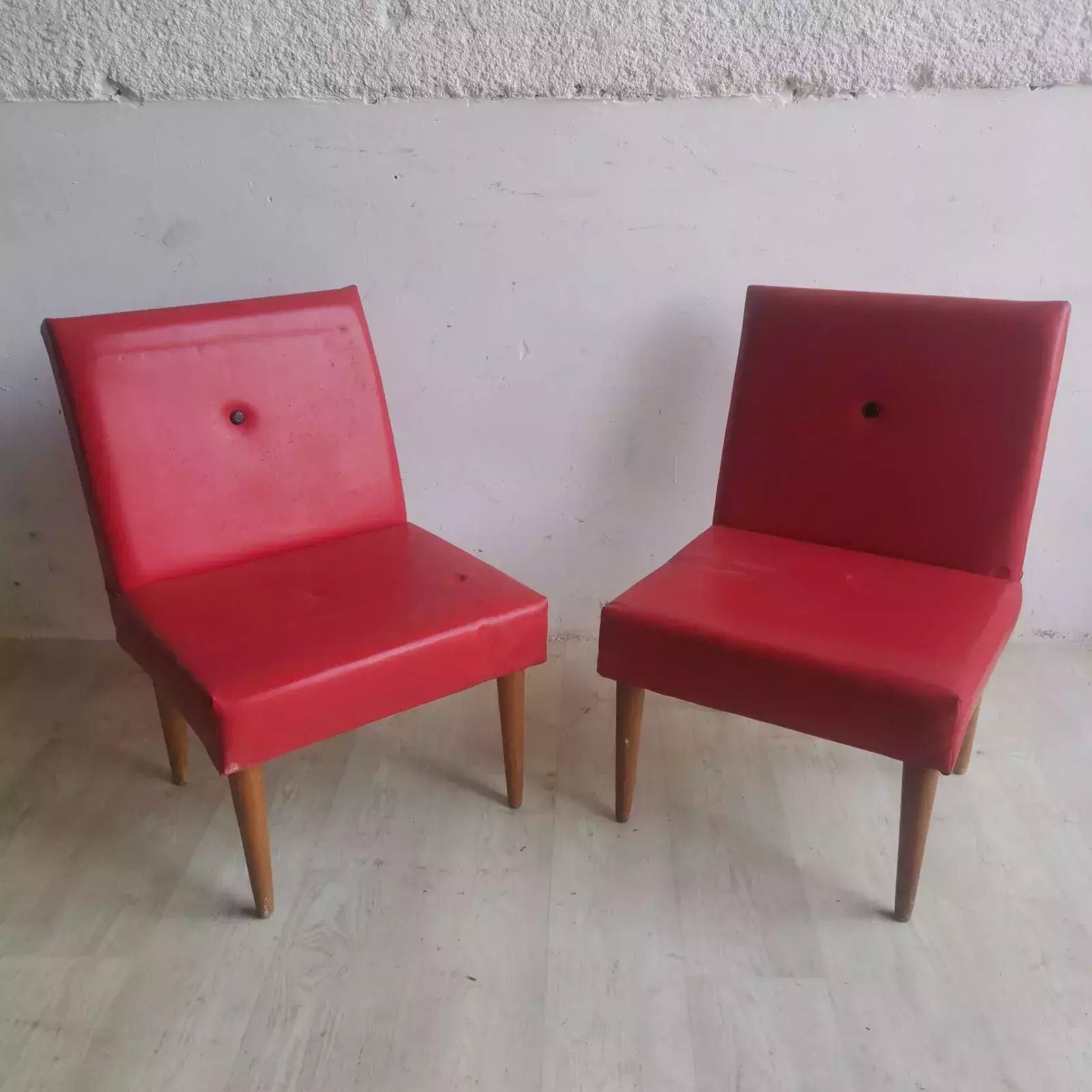 Vintage Retro Mid Century Lightweight Chairs Original 60s Wood, Red Vinyl Quirky photo furniture