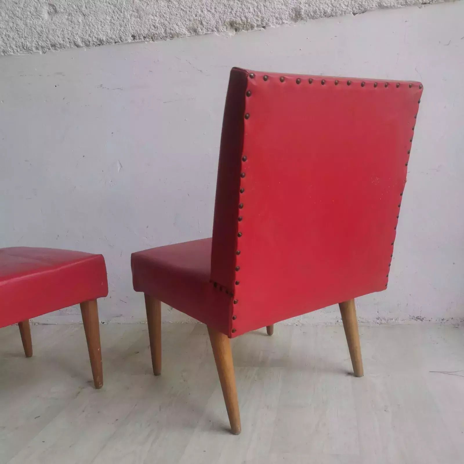 Vintage Retro Mid Century Lightweight Chairs Original 60s Wood, Red Vinyl Quirky photo buy