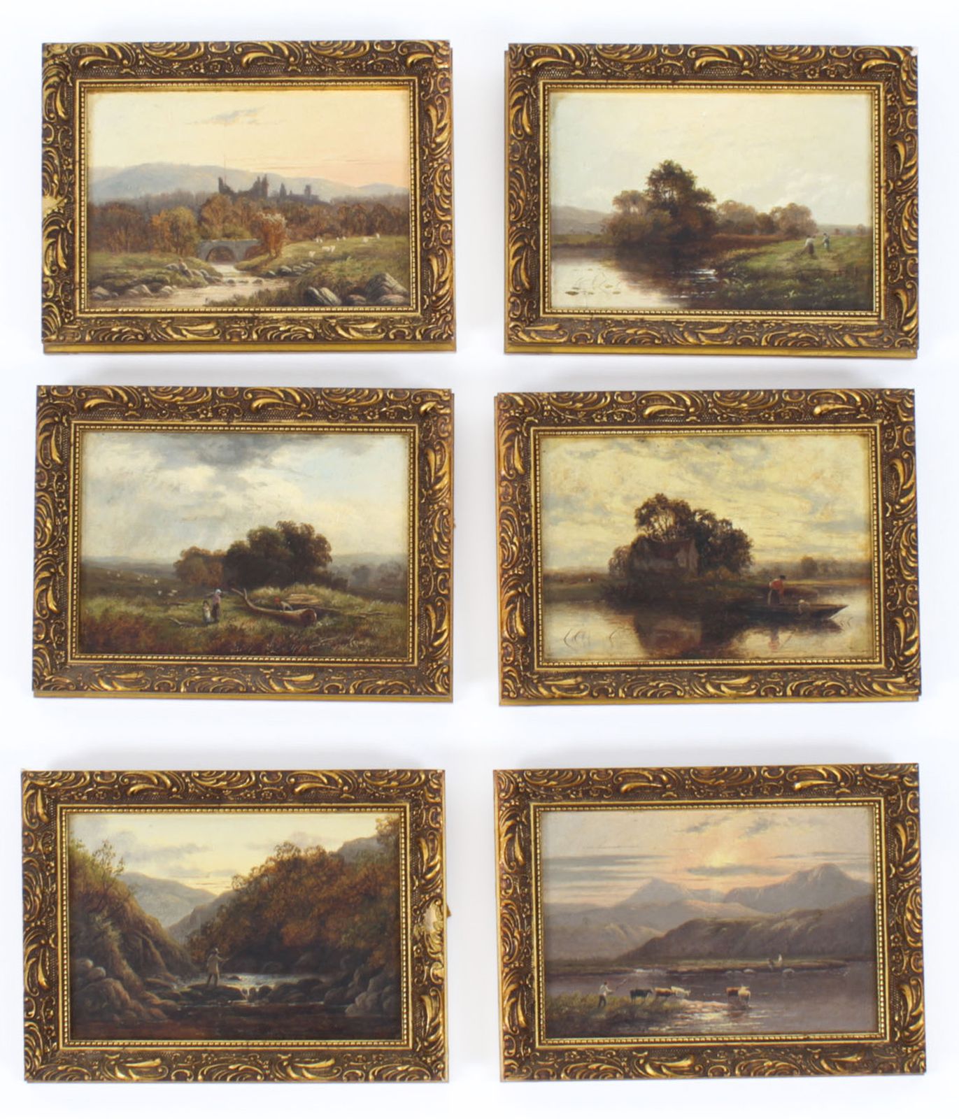 Antique Set Of Six River Landscapes Paintngs 19th Century
