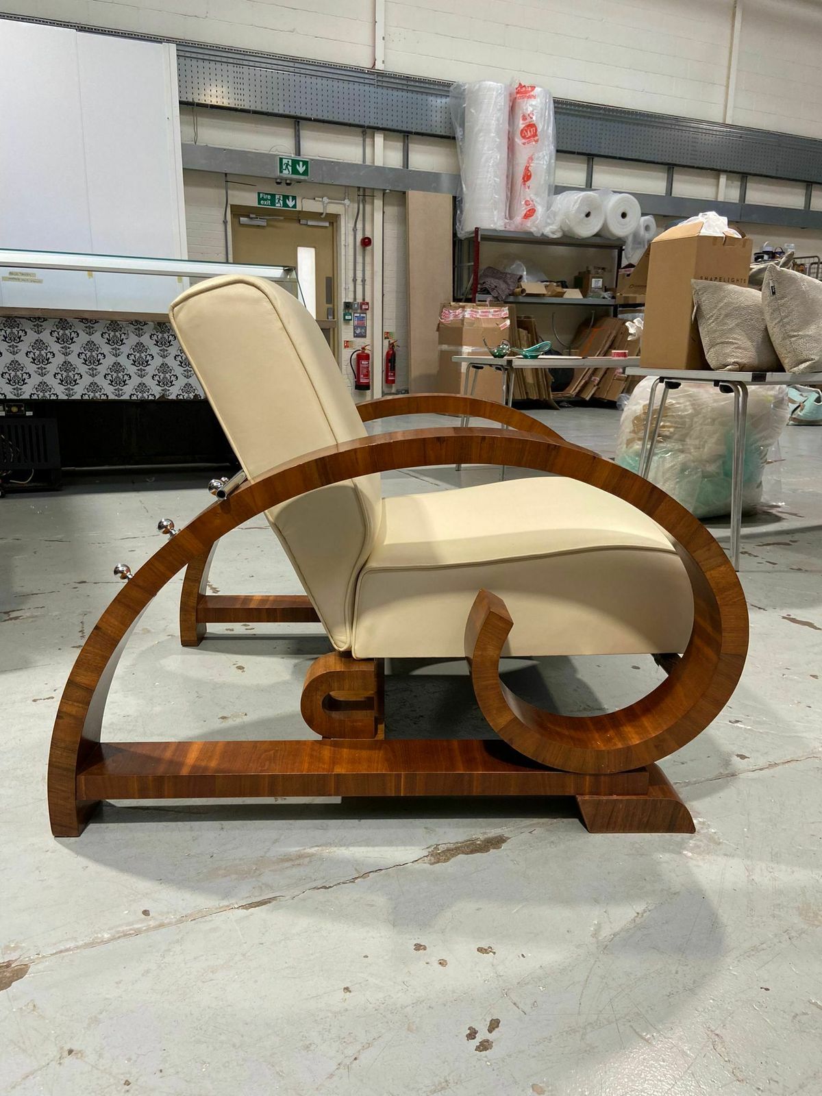 English Art Deco Style Walnut & Cream Leather Reclining Lounge Armchair / Chair (Circa 1970) photo buy