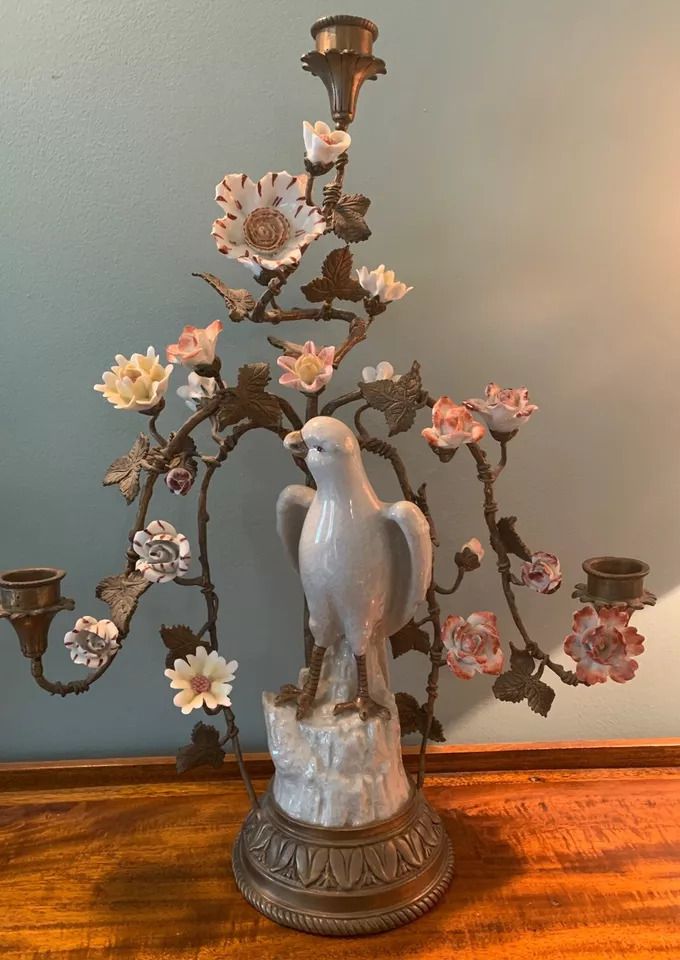 Exquisite Large Vintage Porcelain & Bronze Candelabra With Bird & Flowers
