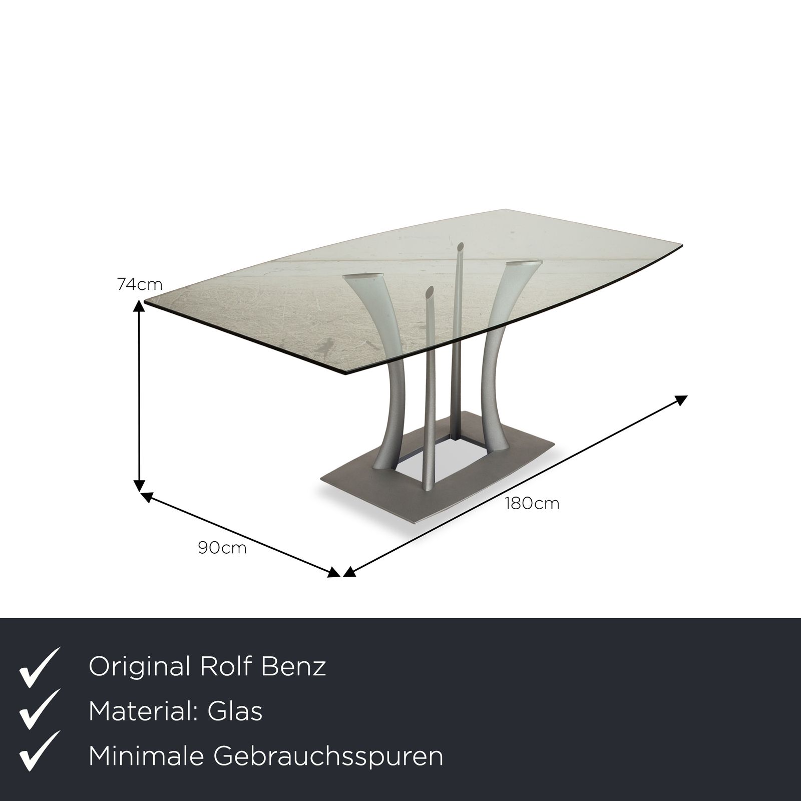 Rolf Benz Glazen Eettafel Zilver 180 x 90 x 74 cm photo furniture