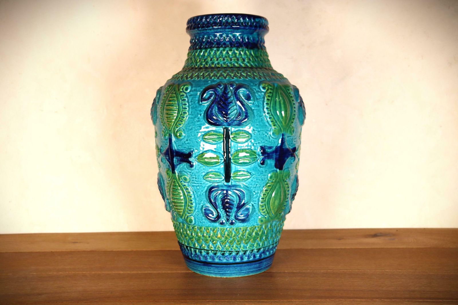 German Xl Midcentury Glazed Blue And Green Ceramic Vessel Vase, W   Germany Bay (St.197)