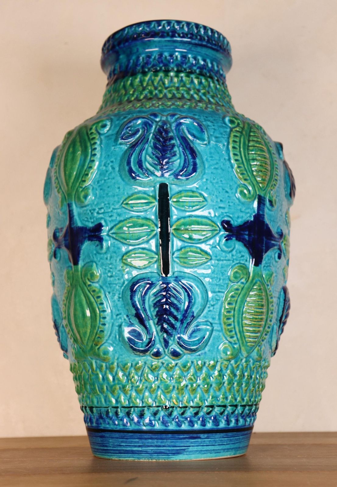 German Xl Midcentury Glazed Blue And Green Ceramic Vessel Vase, W   Germany Bay (St.197) photo buy