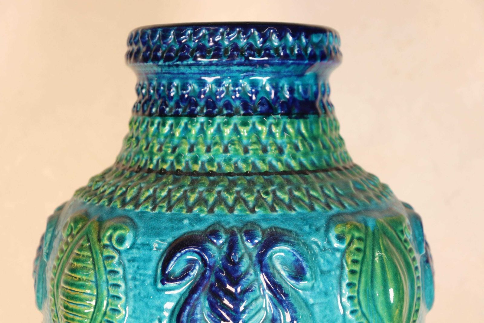 German Xl Midcentury Glazed Blue And Green Ceramic Vessel Vase, W   Germany Bay (St.197) photo vintage