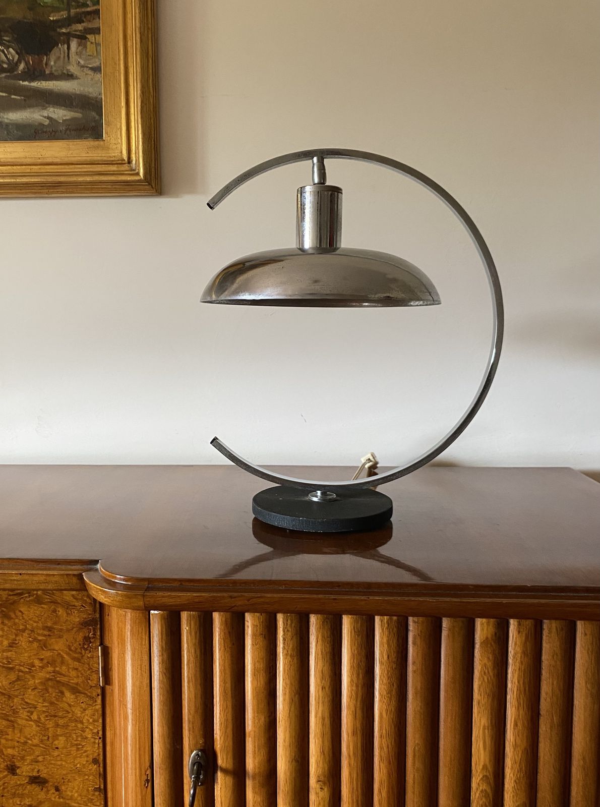 photo furniture Mid Century Modern Chromed Table Lamp, In The Manner Of Mariano Fortuny Italy, 1970s