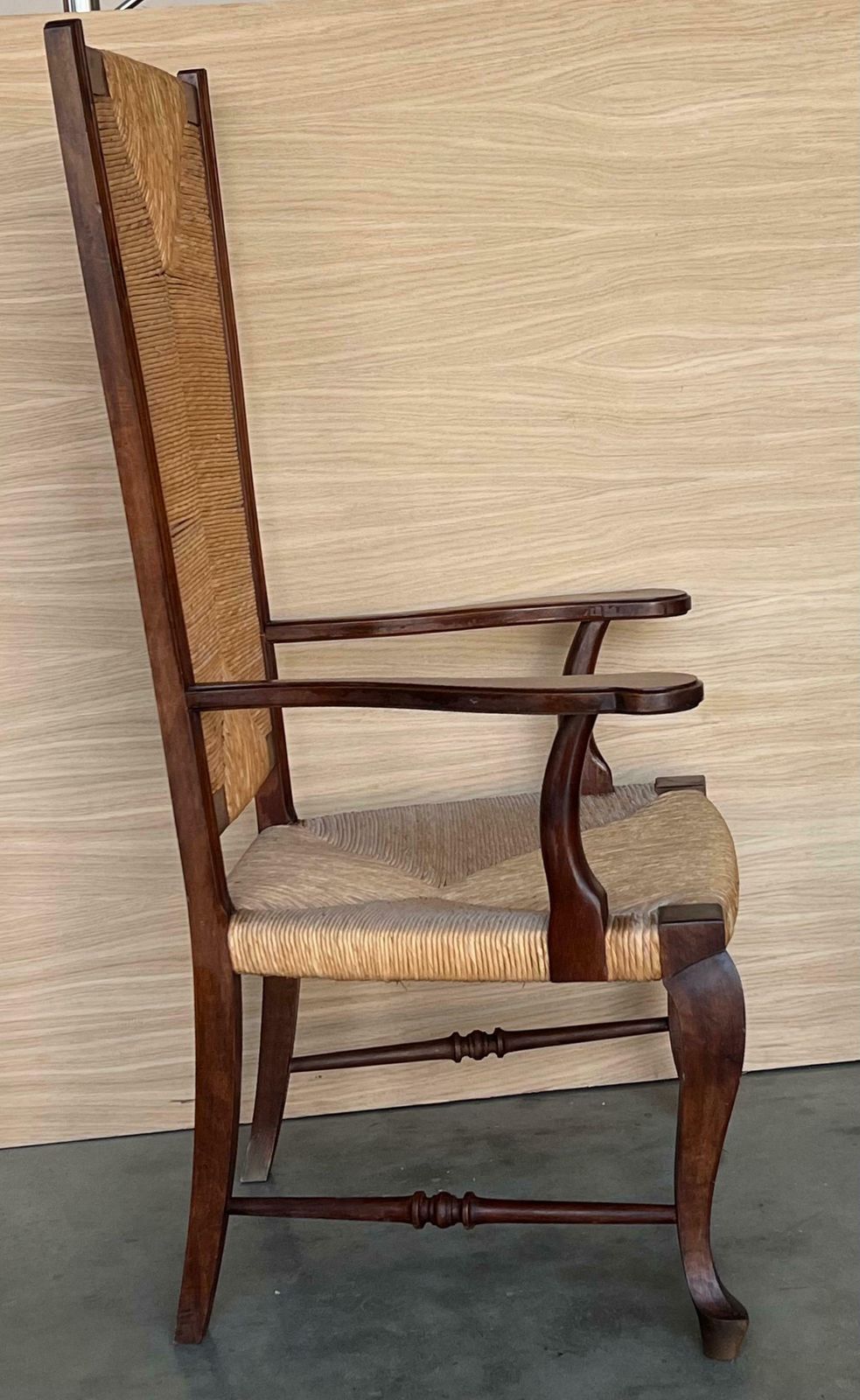 20th Pair Of Spanish Walnut Armchairs With High Back And Seat Caned photo vintage