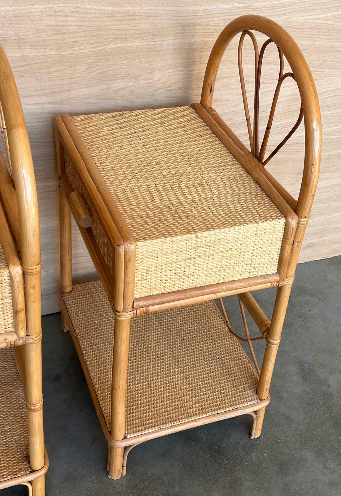 photo furniture Pair Of Split Reed Bamboo Rattan Nightstands With Drawer And Low Tier, 1970s