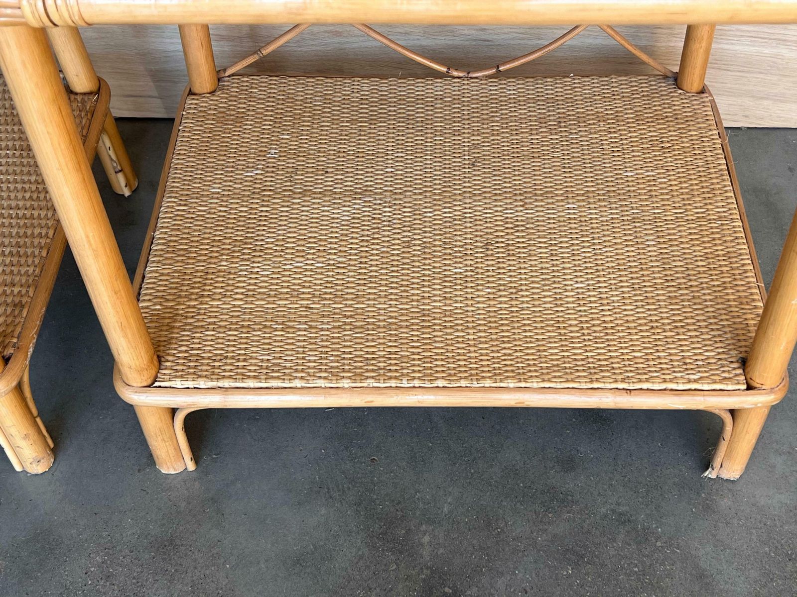 Furniture Pair Of Split Reed Bamboo Rattan Nightstands With Drawer And Low Tier, 1970s photo
