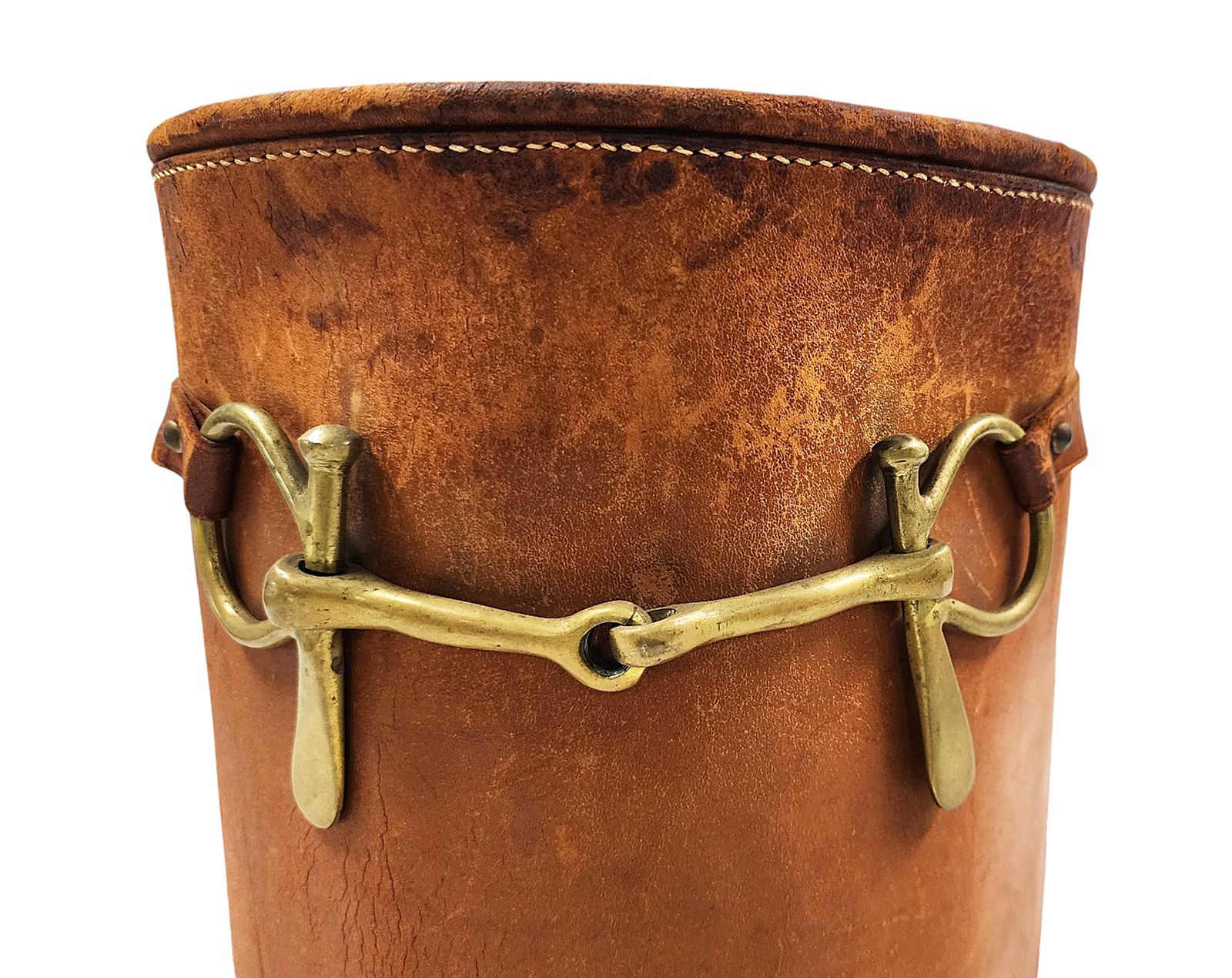 Mid 20th Century Modern Leather Cylindrical Paper Waste Bin/Basket With Lid By Luxury Brand Hermès Paris, France photo vinterior