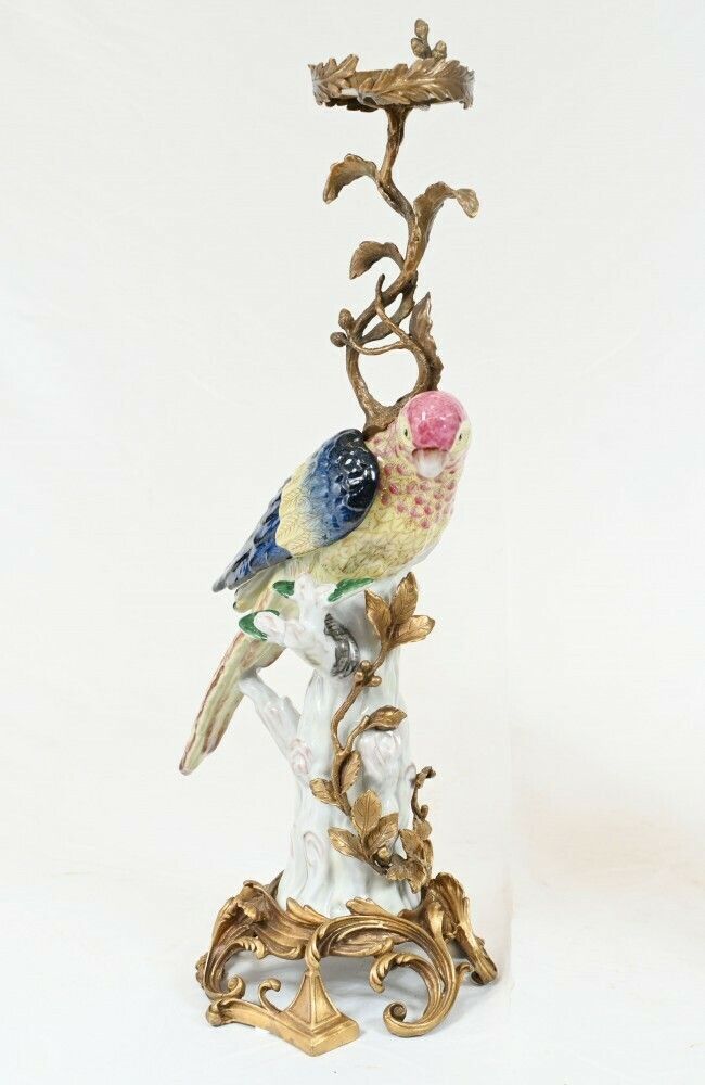 Pair French Parrot Candelabras Porcelain Bird Candlesticks photo vinterior