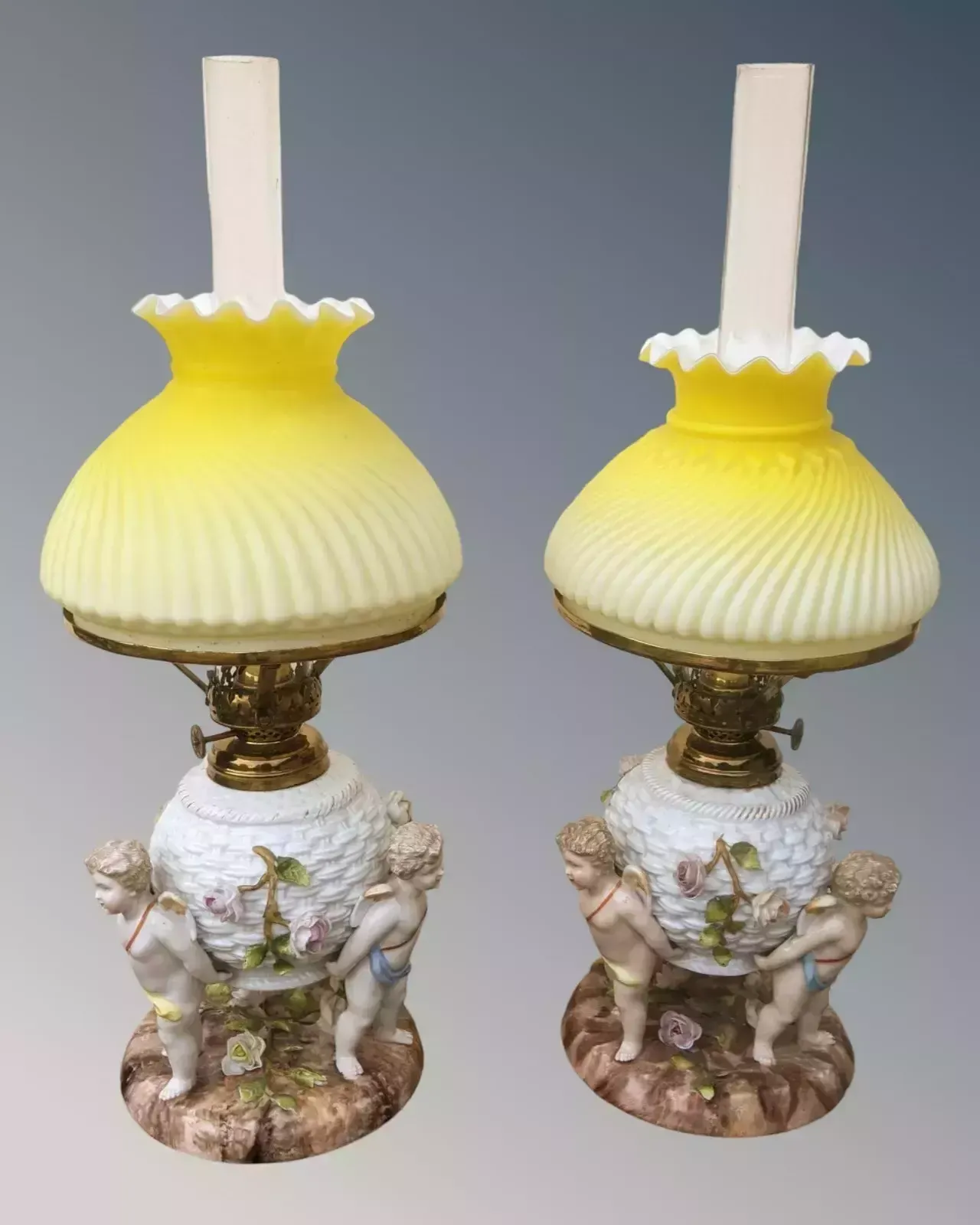 Very Pretty Pair Of Meissen Porcelain Cherub Oil Lamps