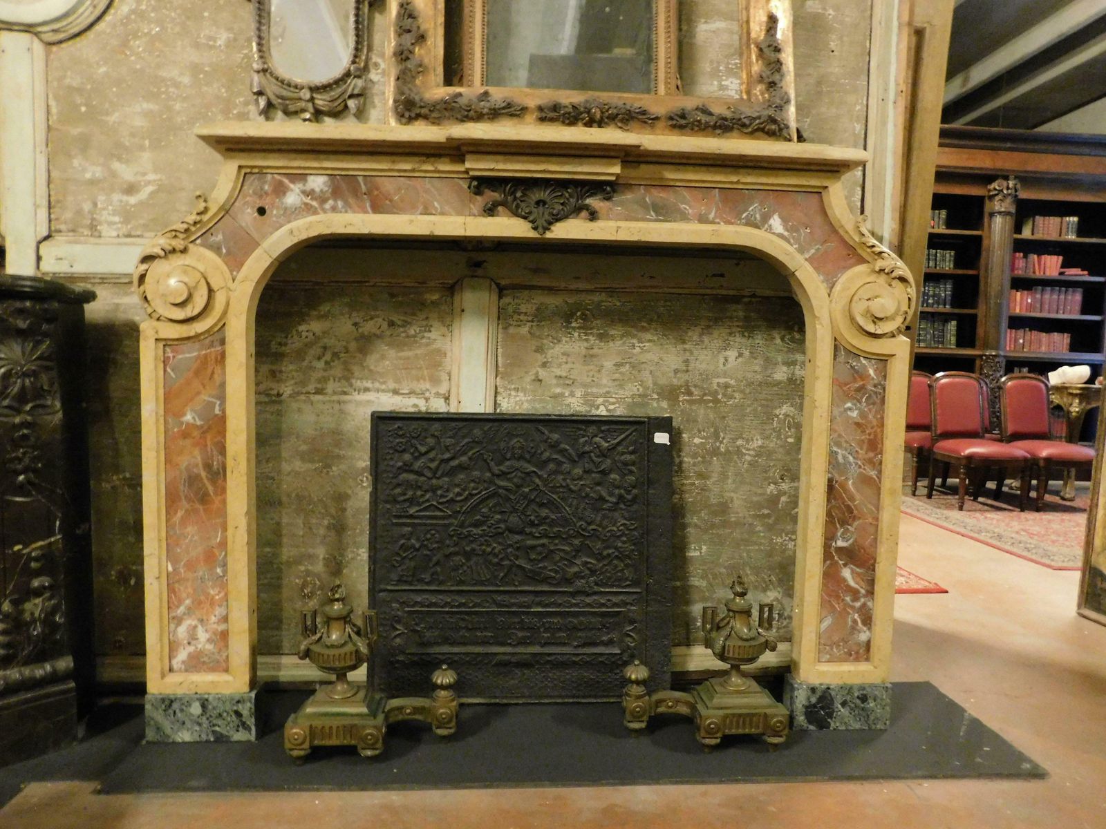 Important Mantle Fireplace In Marble Inlays Red/Yellow, Italy photo Home Fixtures